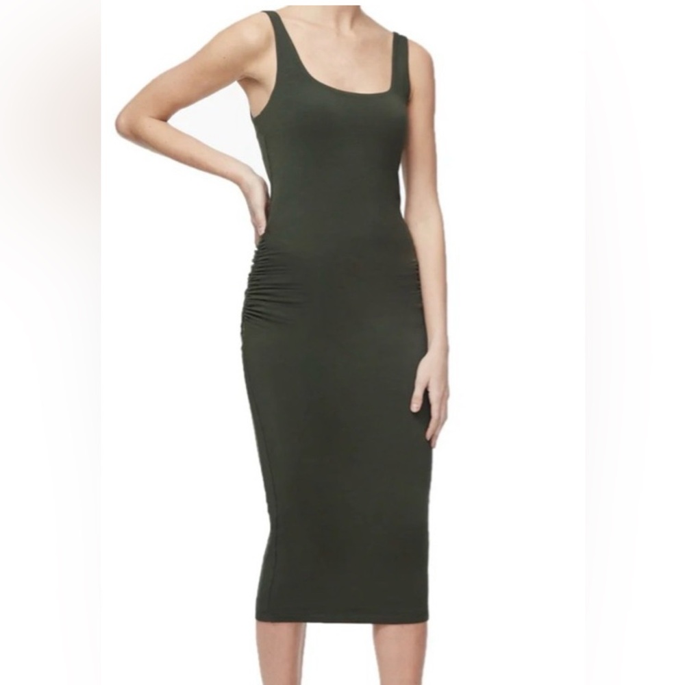 Good American Square Neck Ruched Olive Midi Dress Size 1